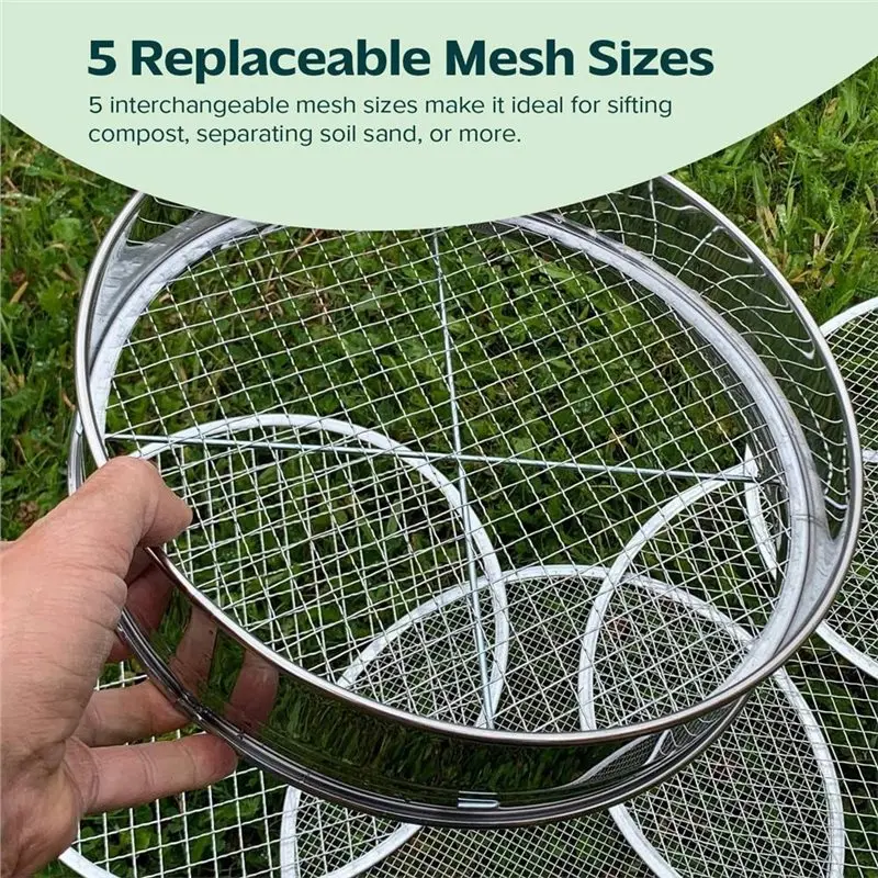 Stainless Steel Garden Sieve With 5 Interchangeable Mesh Inserts (3-12Mm), Metal Soil Riddle Sifter For Stone Compost