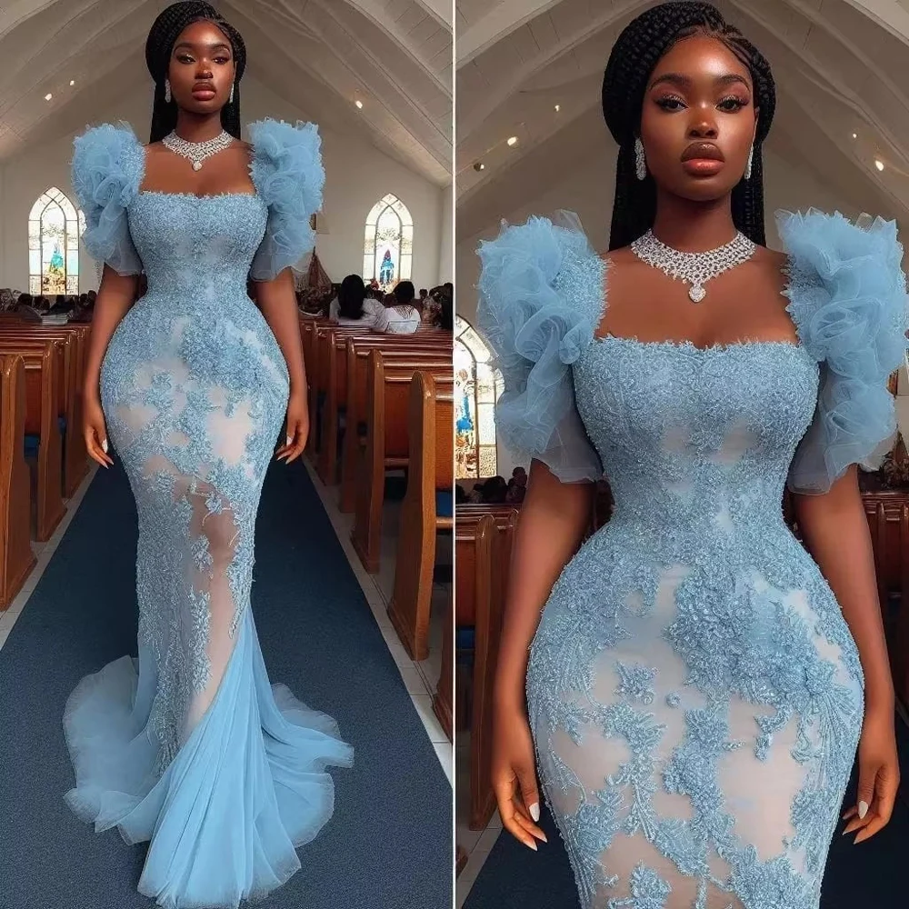 2025 Popular Blue Lace African Evening Dresses 3 Options Aso Ebi Wedding Party Dress Bridesmaid Gown Black Women Formal Dress