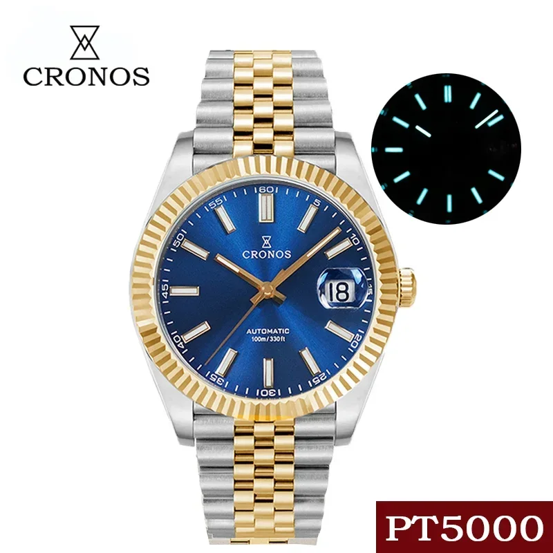 Cronos Date Luxury Dress Watch For Men Stainless Steel 5 Links Bracelet Copper-Nickel Platinum PVD Bezel 100m Waterproof