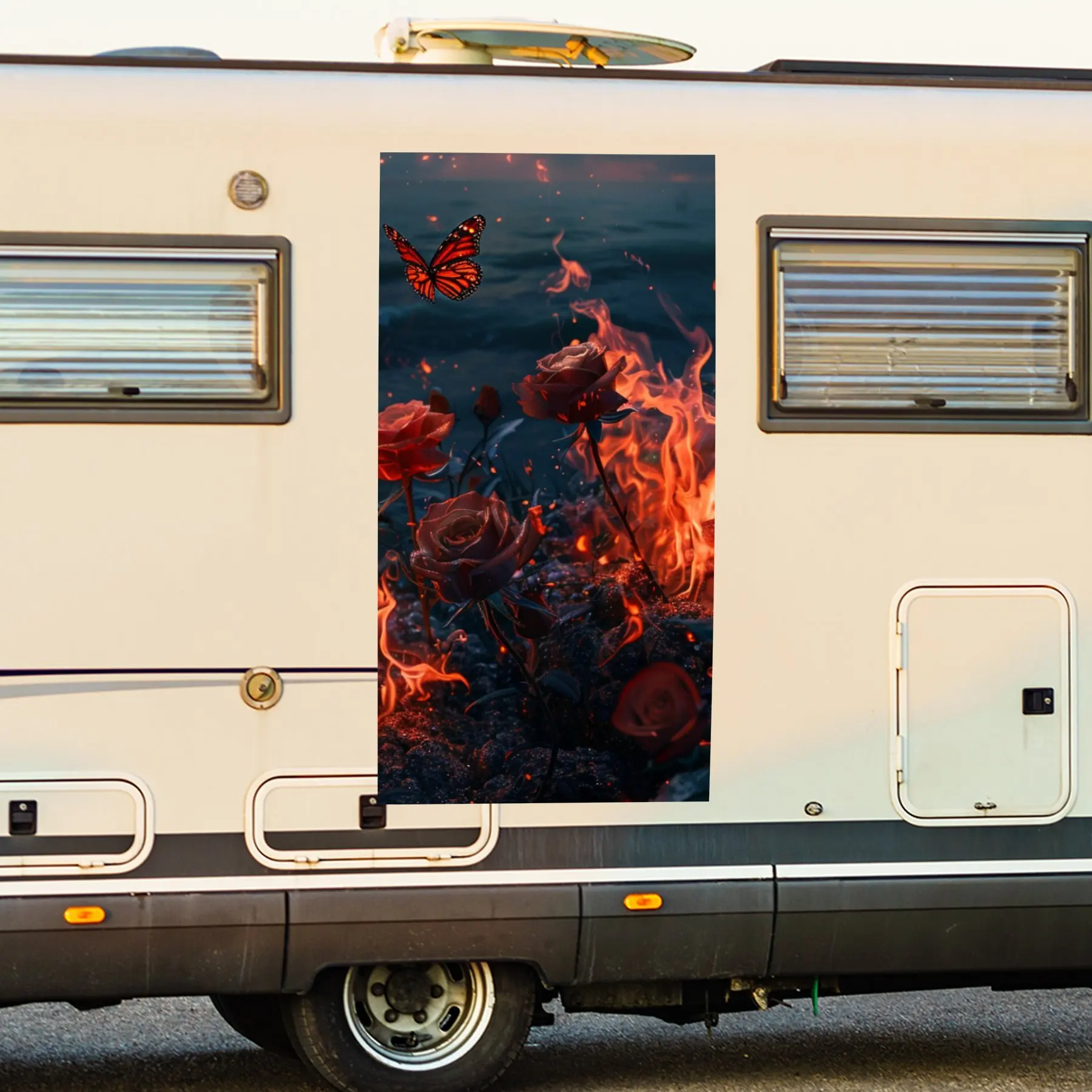 

Автомобильная наклейка с изображением горящей розы, морской бабочки, виниловая наклейка на сторону моторики дома, водонепроницаемая самоклеящаяся виниловая наклейка o