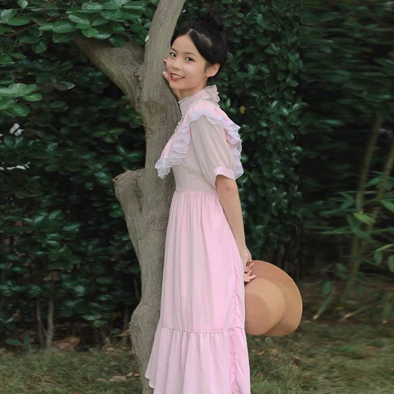 AnXin SH Vintage Prinzessin Chiffon weiße Blume Spitze O-Ausschnitt Kurzarm Perlen Knopf Rüschen Reißverschluss individuelles Abendkleid