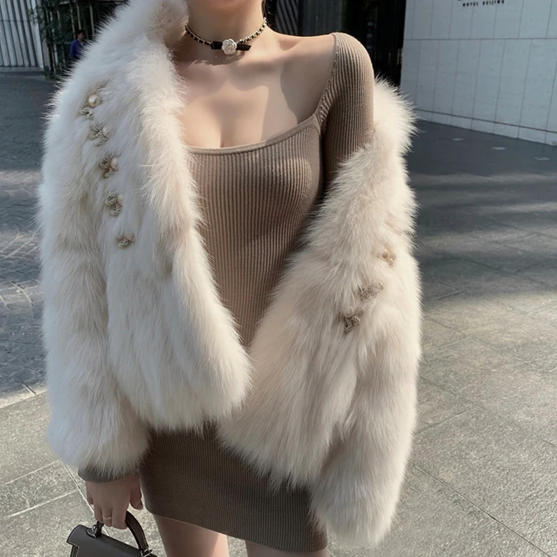 

Women Stand Collar Design Sense Plush Faux Fur Jacket Winter Korean Fashion Age Reduction Covered Button Loose Thickening Coat