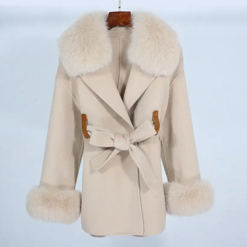 Autumn Winter Fashion Korean Style Loose Casual Style Removable Fox Fur Collar Double-sided Cashmere Coat Women's Wool Coat