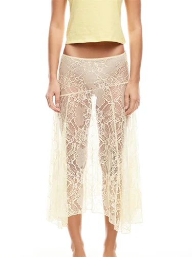 CHRONSTYLE, faldas por debajo de la rodilla para mujer, faldas de encaje Floral con dobladillo Irregular, faldas elásticas de cintura baja, faldas transparentes informales de verano, ropa de calle 2025