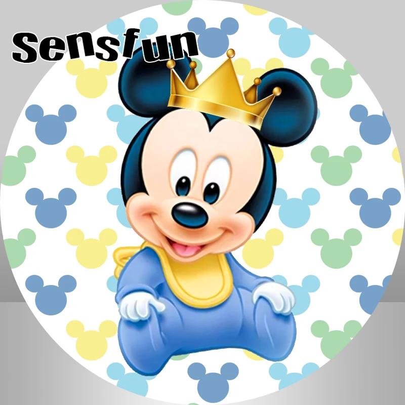 Cute Baby Mickey Round Backdrop Cover Gold Crown Boys Newborn Baby Shower 1st Birthday Party Circle Background Elastic