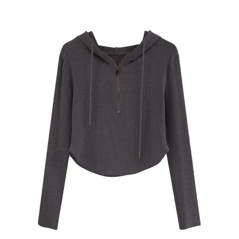 Large Size Women's Clothing Spring And Autumn New Solid Color Slim And Thin Versatile Thread Hooded Long-sleeved T-shirt