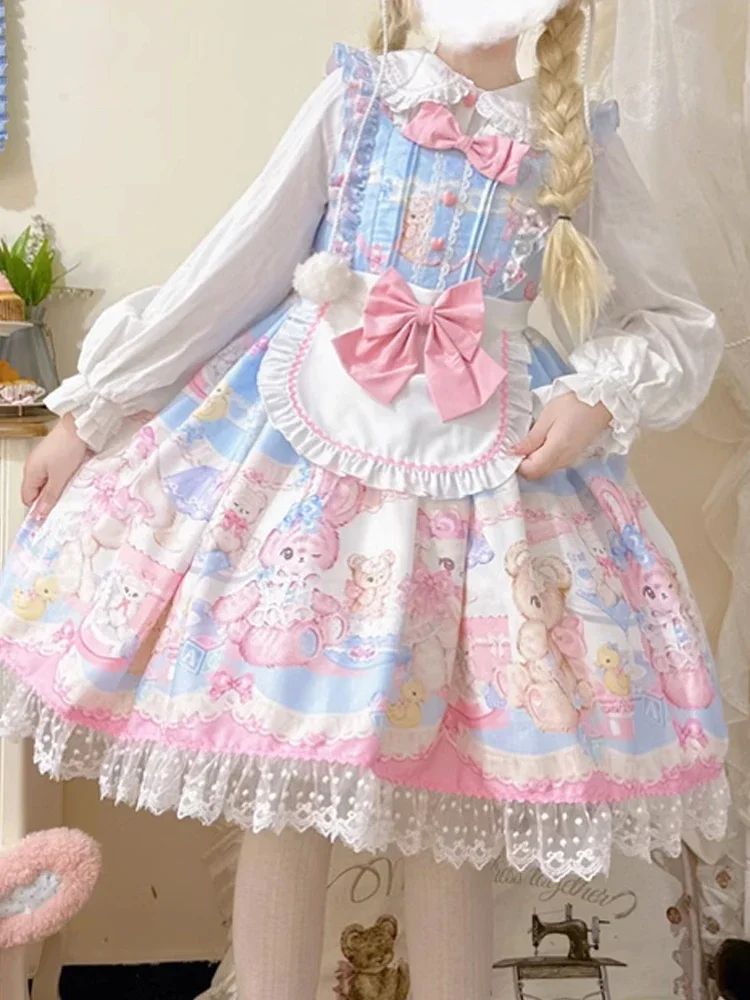 Kawaii Lolita Ruffles Apron Camisole Dress Sweetheart Princess Cartoon Printing Bow Vitality Girly Loli Mini Dresses