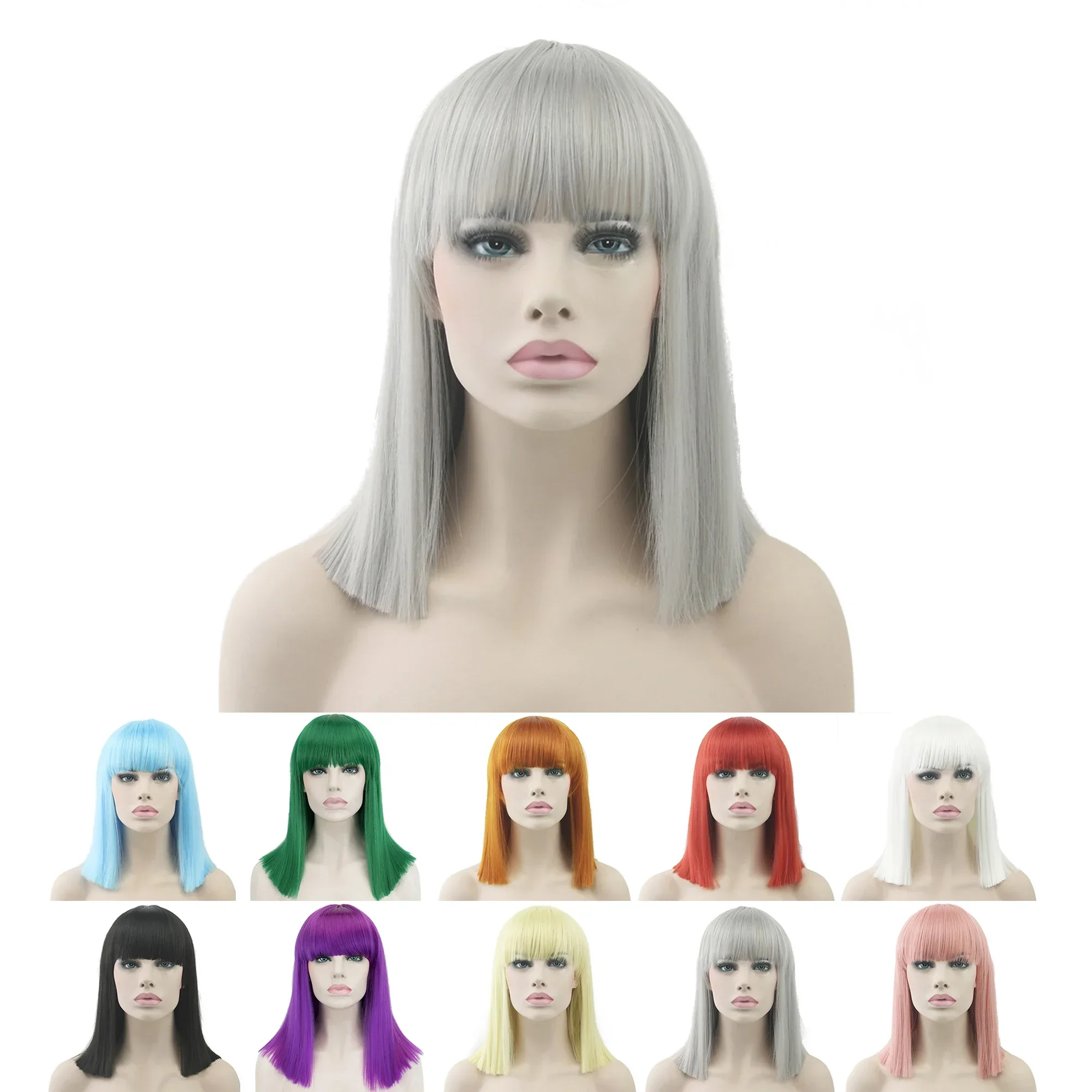 

Gray Short Natural Cut Hair Cosplay Wig with Straight Bangs Halloween Costume Party Bob Wigs for Women