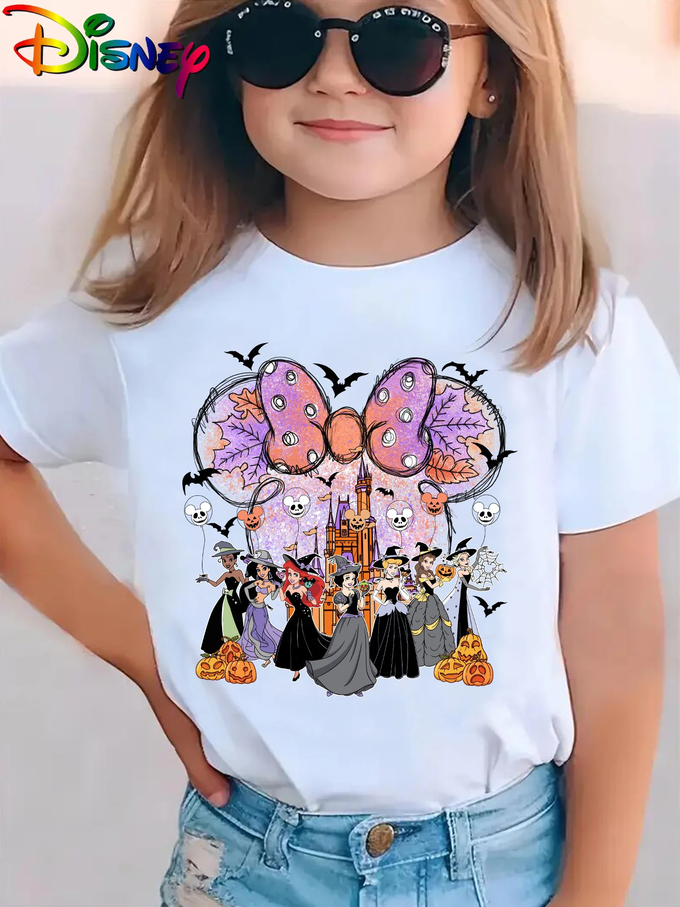 تي شيرت مطبوع عليه أميرات قلعة ديزني للفتيات في الهالوين، قميص كاجوال مناسب للأم والابنة برقبة دائرية وأكمام قصيرة #1