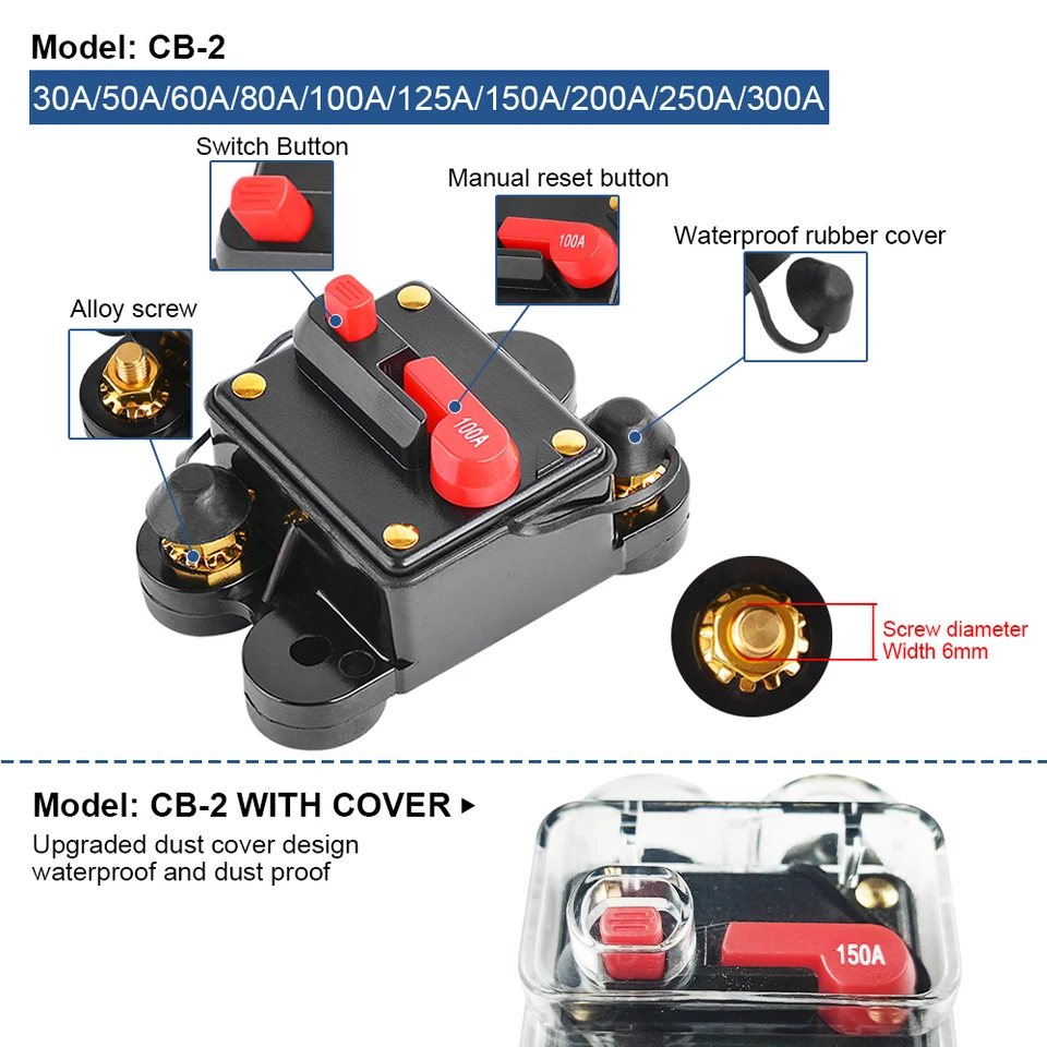 Ruolin Disjoncteur Étanche 20A-125A Avec Réinitialisation Manuelle 12V-48V - Protection Audio Marine Auto