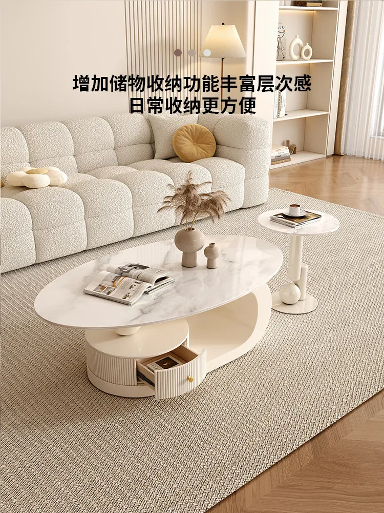 

Rock slab coffee table cream style living room small apartment oval edge table combination