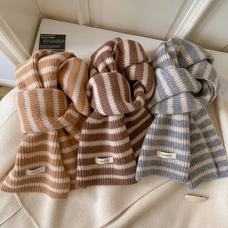 

Japanese Minimalist Couple Scarf Women Autumn Winter Warm Striped Knitted Thicken Scarf Students Fashion Versatile Warm Scarf