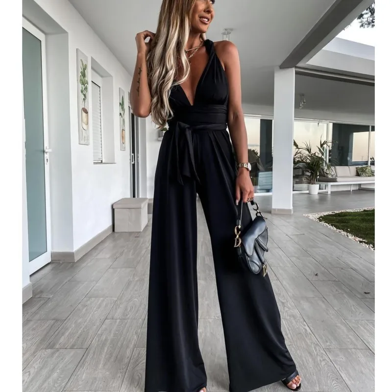 

Women Elegant Leace-up V-neck Backless Sexy High Waist Wide Leg Bodysuit Romper Casual Fashion Solid Color Summer Jumpsuit Club