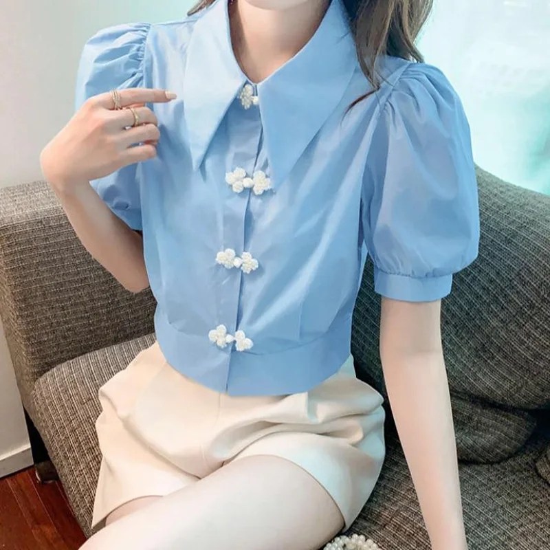 Sweet Short Pleated Blouse Summer New Polo Neck Short Sleeve Solid All-match Elegant Shirt Tops Fashion Korean Women Clothing