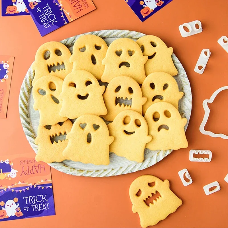 Halloween Ghost Cookie Embosser Mold Cartoon Cute Expression Cookie Cutter Set Fondant Frosting Biscuit Cake Decoration Tools