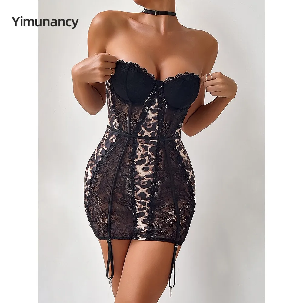 Yimunancy Leopard Halter Strapless Lace Dress Women  Backless Bodycorn Dress Sexy Dress Mini Club Vestidos