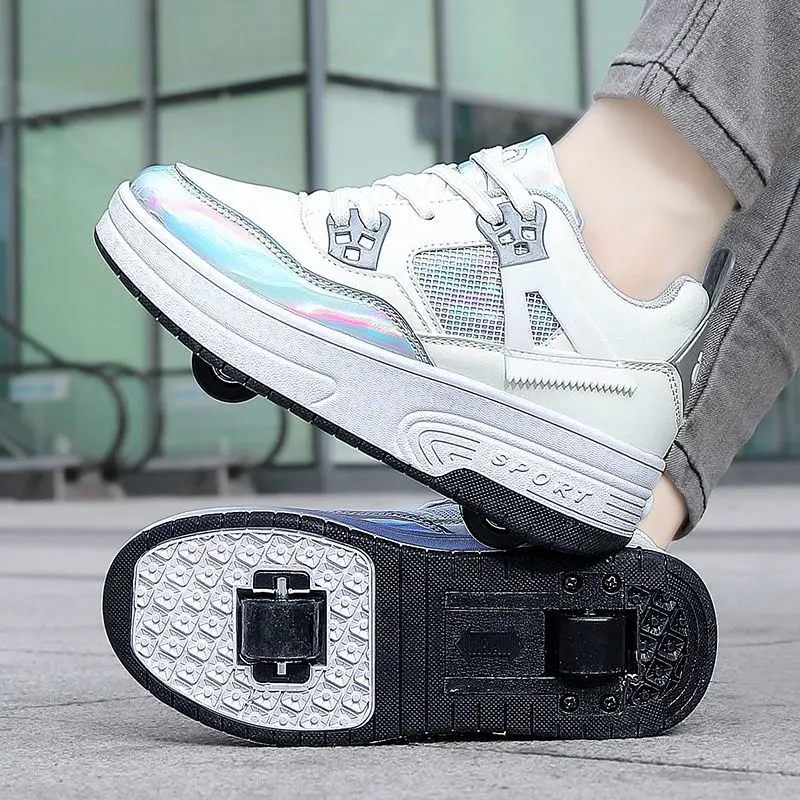

2-in-1 Unisex Retractable Roller Shoes 2 Wheels Holographic Breathable Mesh Non-slip Casual Skate Sneakers for Daily Use