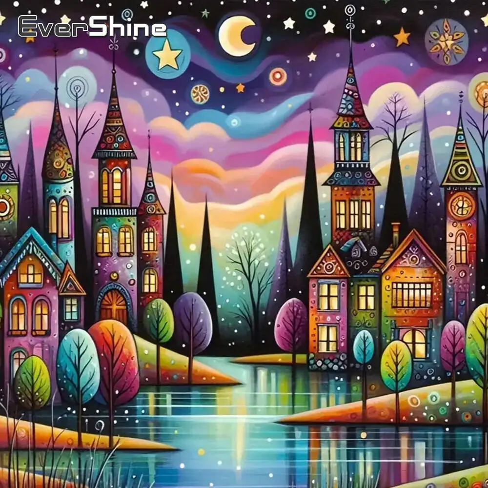 Evershine Full Square Diamond Painting House Moon Picture Diamond Mosaic Cloud Rhinestones Embroidery Landscape Handmade Hobby