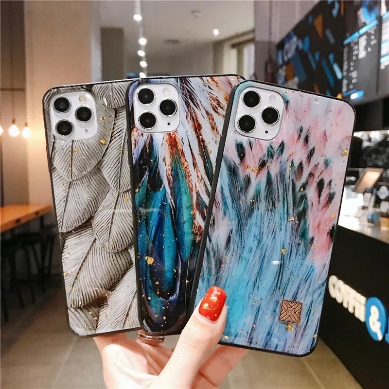 Gold Foil Bling Silicone Phone Case For iPhone 16 15 14 13 12 11 Pro Max Plus Glitter Beautiful Feather Epoxy Shockproof Cover