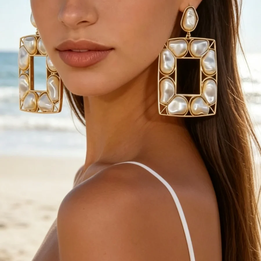 Exaggerated Gold Color Baroque Imitation Pearl/Turquois Big Drop Earrings Frame Dangle Earrings For Women Everyday & Casual Wear