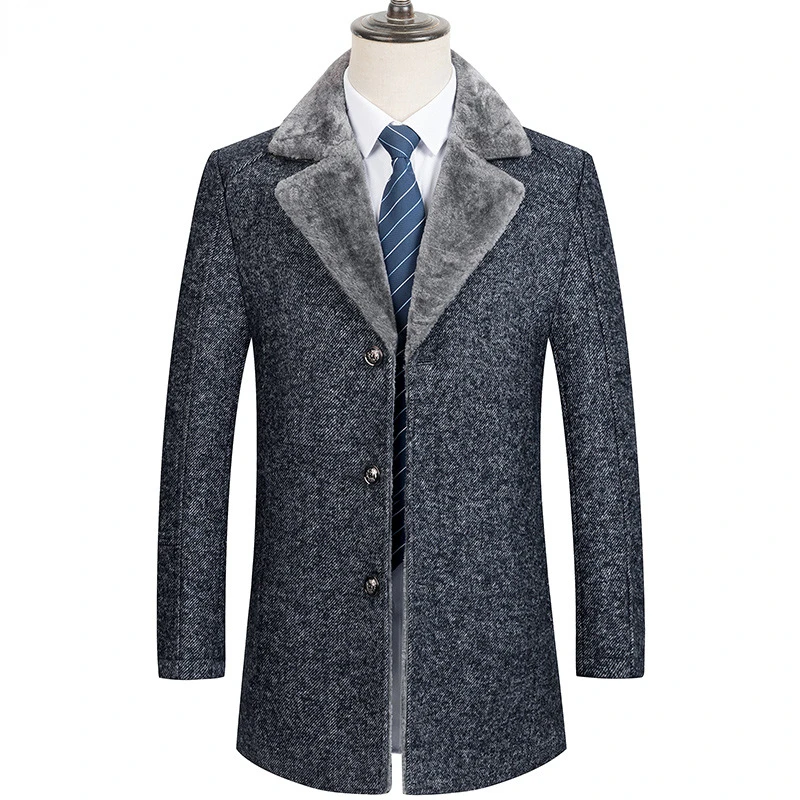 

Men's Luxury Wool Coat Winter Fake Fur Collar Gray Trench Coat Men Slim Fit Overcoat Windbreaker