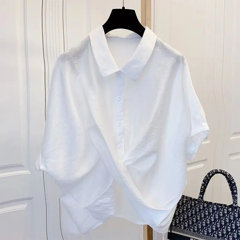 Irregular Short Sleeve Blouse Summer New Polo Neck Solid Pleated Button White Loose Shirt Tops Fashion Casual Women Clothing