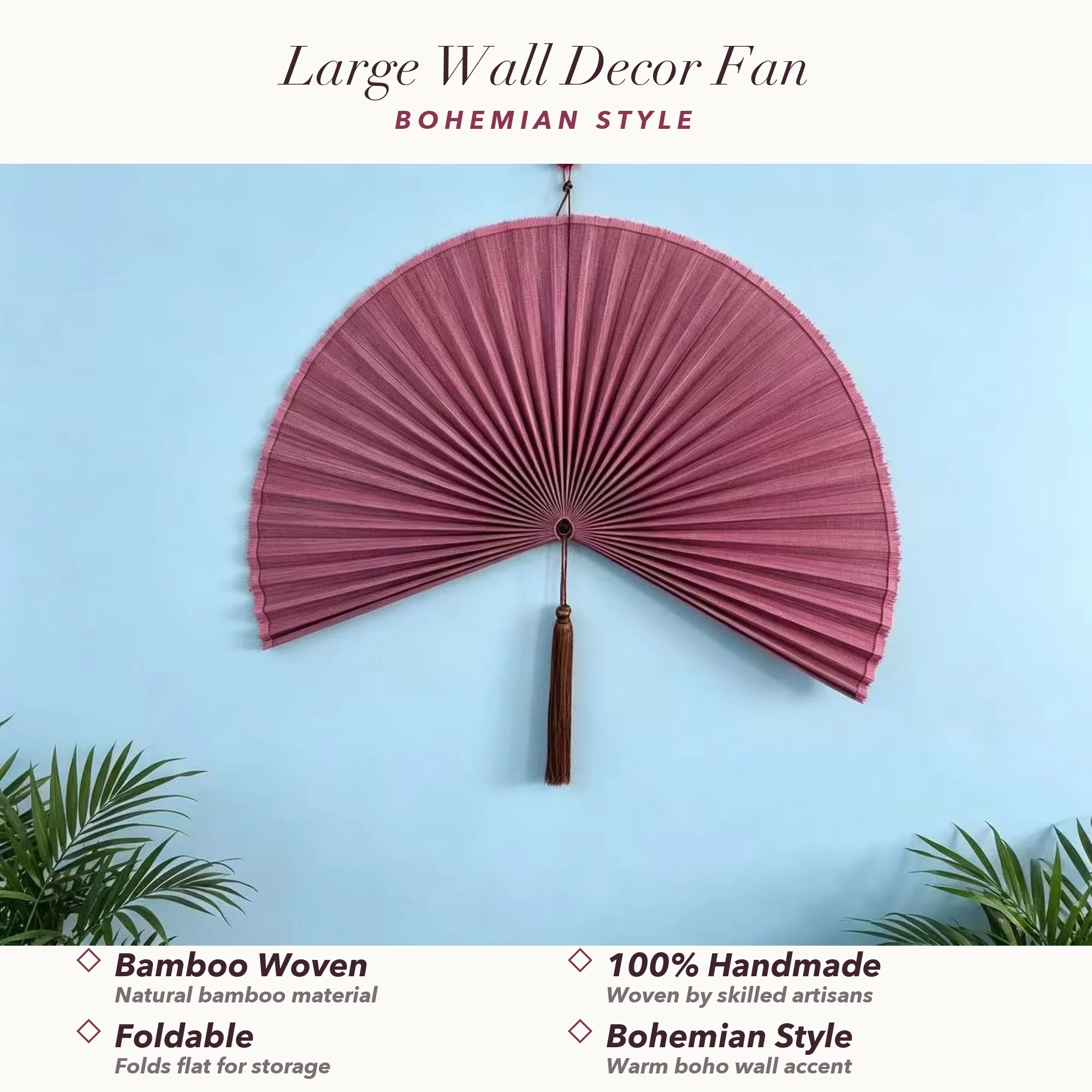 Hand woven bamboo wall mounted fan, large foldable Bohemian style, living room, bedroom, home decoration, bamboo weaving art
