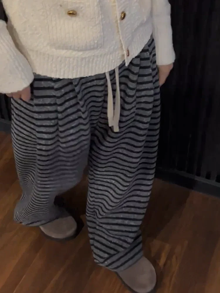 

Женские брюки с высокой талией и широкими штанинами, осенне-зимняя новинка, повседневные, в полоску, с цветовыми блоками, с эффектом омоложения, с завязками, в пол.