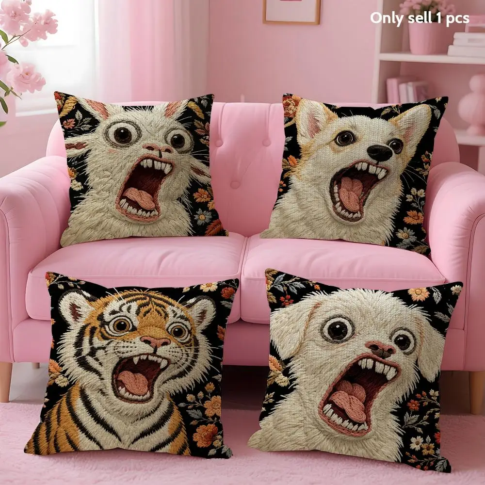 Floral Stitched Roaring Animals 2D Cushion Cover Linen Organic Fabric Double-Sided Printing Sofa Home Decor Gift Pillow Case