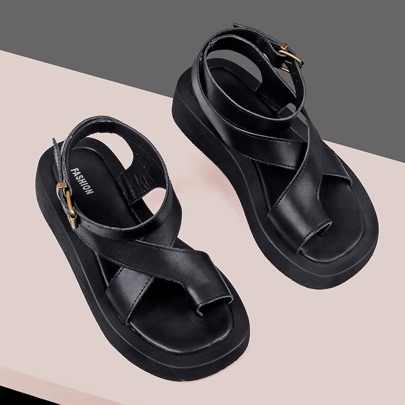 Sandals Women Summer 2024 New Clip Toe Sandals Ladies Genuine Leather Fashion Roman Women Shoes Sandals