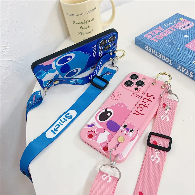 Schattige Cartoon Stitch Crossbody Hals Riem Lanyard Telefoonhoesje Voor Iphone 15 14 12 13 11 Pro Max X Disney Polsband Beugel Cover