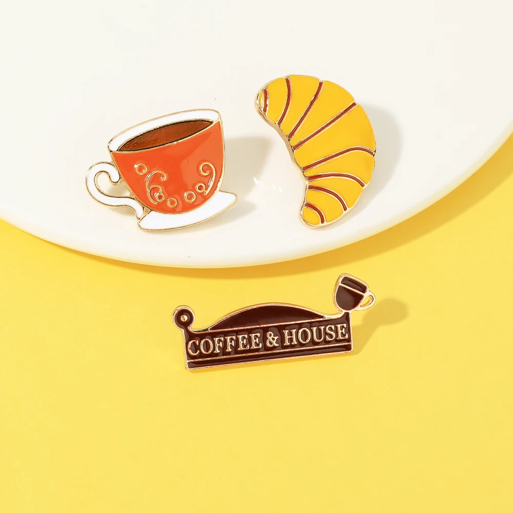 Funny Coffee House Placard Signboard Enamel Brooches Croissant And Drink Golden Pins Afternoon Tea OL Badge