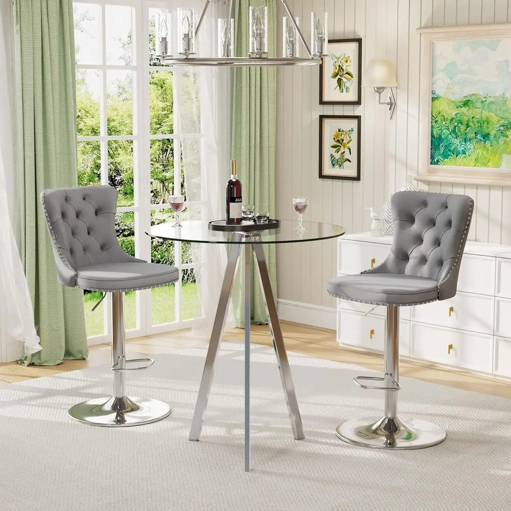 

Комплект из 3 предметов: круглый стеклянный барный стол с высокой столешницей, вращающиеся стулья в деревенском стиле и небольшой круглый столик для паба, 2 барных стула с бархатной обивкой - серебристый