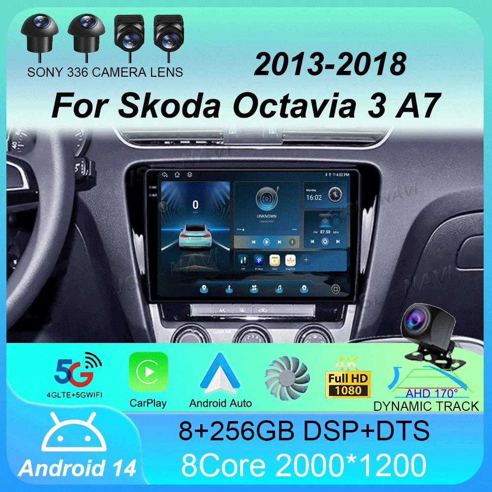 For Skoda Octavia 3 A7 2013 - 2018 Android 14 Carplay Auto 4G+WIFI GPS Navigation Multimedia Video Player Car Radio Stereo BT