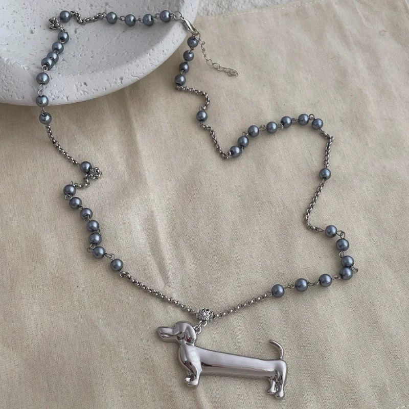 

Minar New Fashion Gray Simulated Pearl Cartoon Dog Dachshund Pendant Necklaces Long Double Layers Strand Sweater Chain for Women