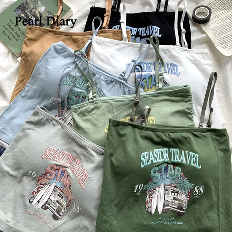 

Pearl Diary Summer Knitting Tops Women Print Slash Neck Street Style Sexy Short Crop Top Fashion All-Match Sleeveless Camis Top