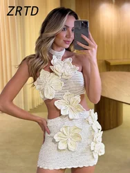 Vestido corto de punto con flores en 3d para verano, minivestido Sexy ajustado con cuello Halter, sin mangas, Espalda descubierta, para fiesta y vacaciones, 2024