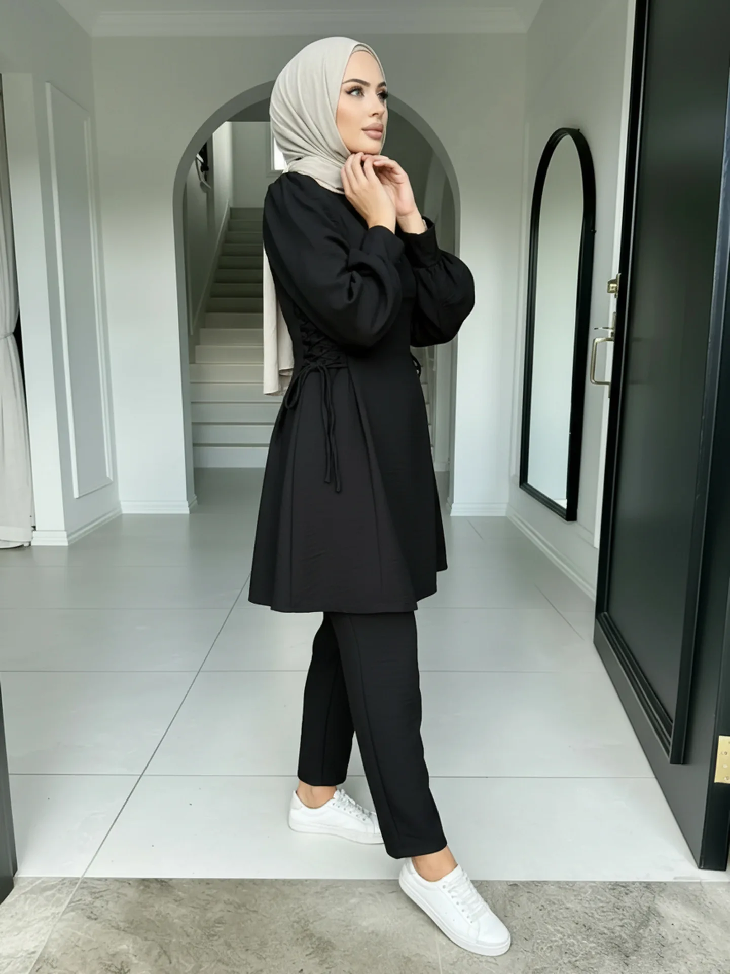 

Women Islamic Solid Color Two Piece Set Fashion Top and Long Pants Modest Outfit for Middle East and Prayer Wear Tracksuit Suit