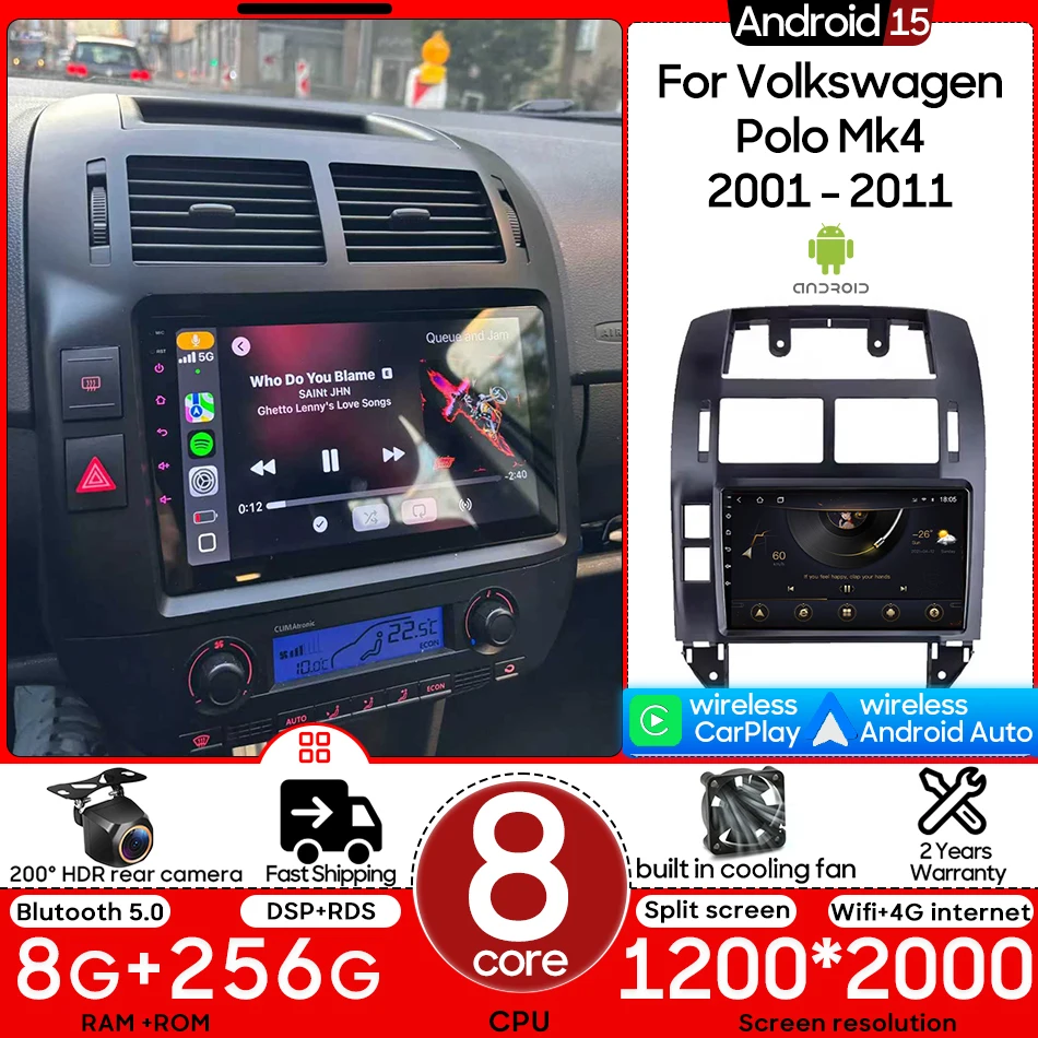 

Автомобильный мультимедийный плеер Android 15 для Volkswagen Polo Mk4 2001-2011 GPS-навигация Беспроводной CarPlay Auto 2DIN Радиоприемник