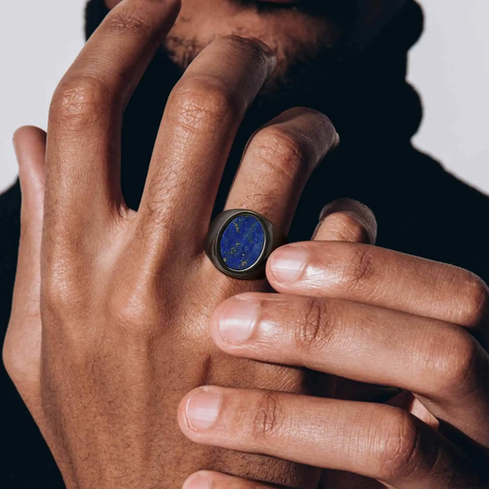 Waterproof Natural Stone Oval Ring for Men Boys,Stainless Steel Lapis Lazuli Stamp Ring Thumb Ring,Punk Birhtday Party Gift - Image 3