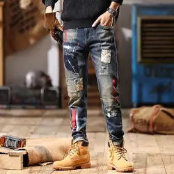 Korean  men's embroidered patchwork with printed patterns on men's jeans patch ripped splashed ink cool demin jeans fall guys