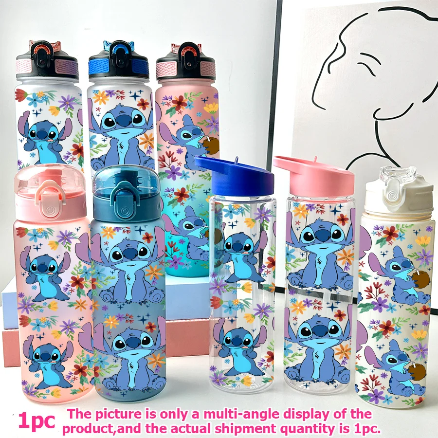 Botella de agua de plástico multiestilo con patrón de flores de Disney Stitch, 23-32oz, taza deportiva portátil, regalo de cumpleaños, taza para volver a la escuela, 1 ud.
