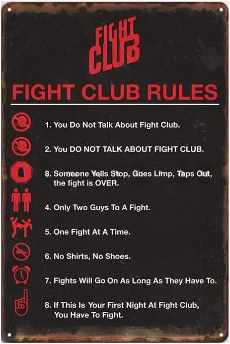 Vintage Metal Plaque Poster Fight Club Rules Retro Metal Tin Sign Plaque Wall Decor Gift for Bathroom Restaurant Bedroom Thea