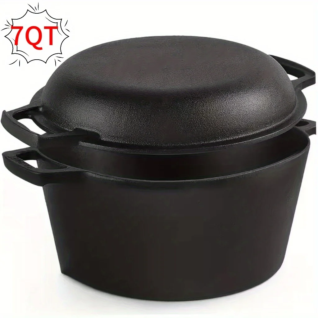 

7QT -Made 2-In-1 Cast Iron Cooking Set (5.1QT Dutch Oven + 1.9QT Skillet) Versatile Holiday Cooking Package for Stove, Induction