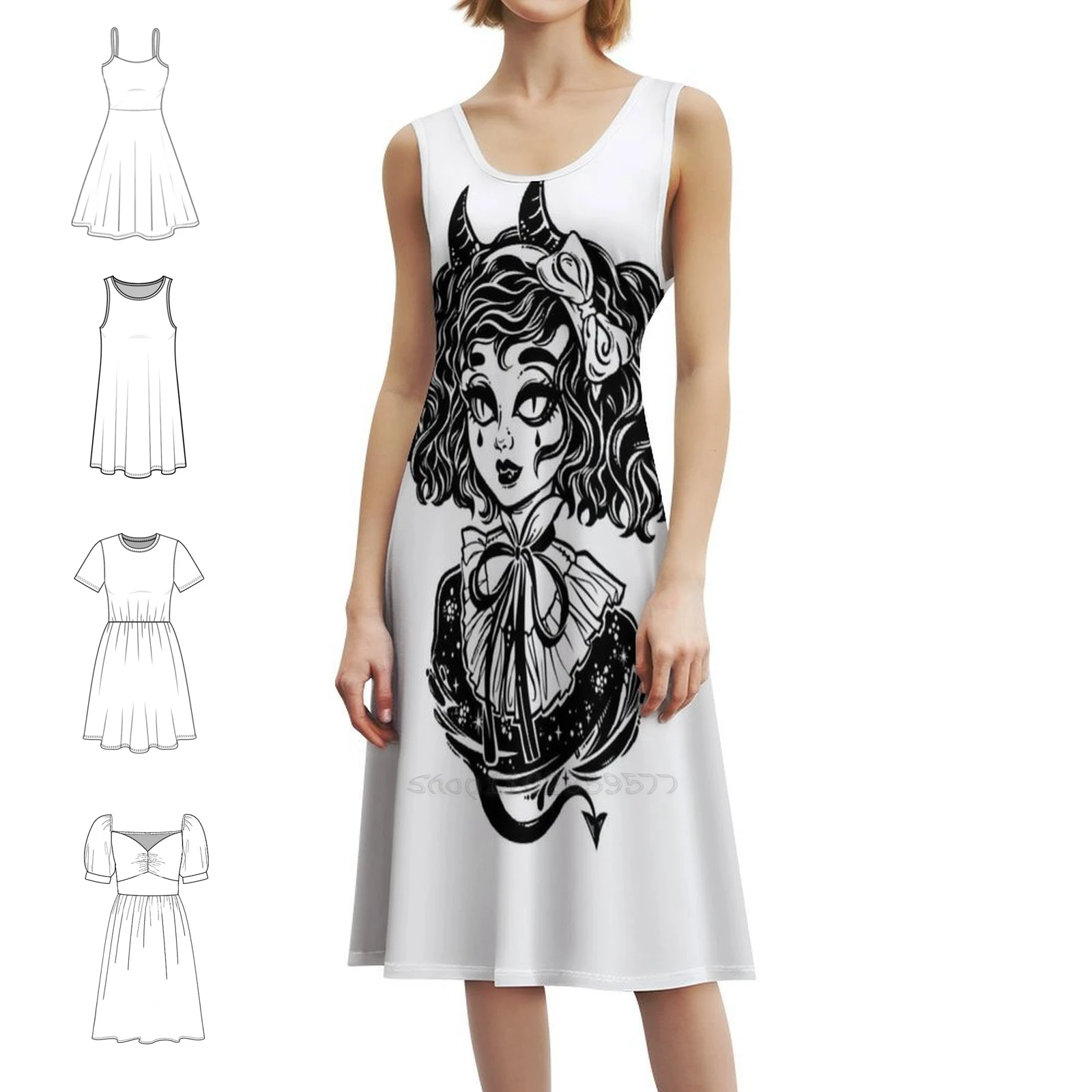 Gothic Demonic Girl Head Portrait With Imp Horns And Women's Elegant Party Dress A-Line Dress With Short/Long/Sleeveless