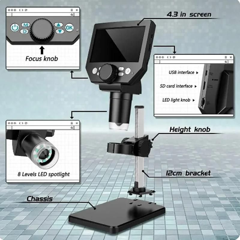 Mikroskop cyfrowy 1000X do lutowania 4,3-calowa duża podstawa 10-megapikselowy wyświetlacz LCD HD 8MP 1-1000X lupa ciągła