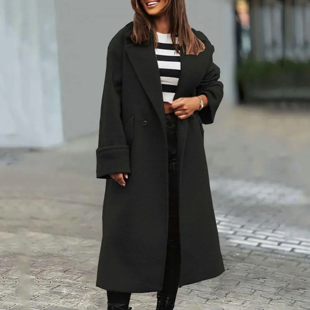 Women Fall Winter Overcoat Solid Color Thick Cardigan Cardigan Coat Windproof Pockets Double Buttons Long Sleeve Lady Outwear