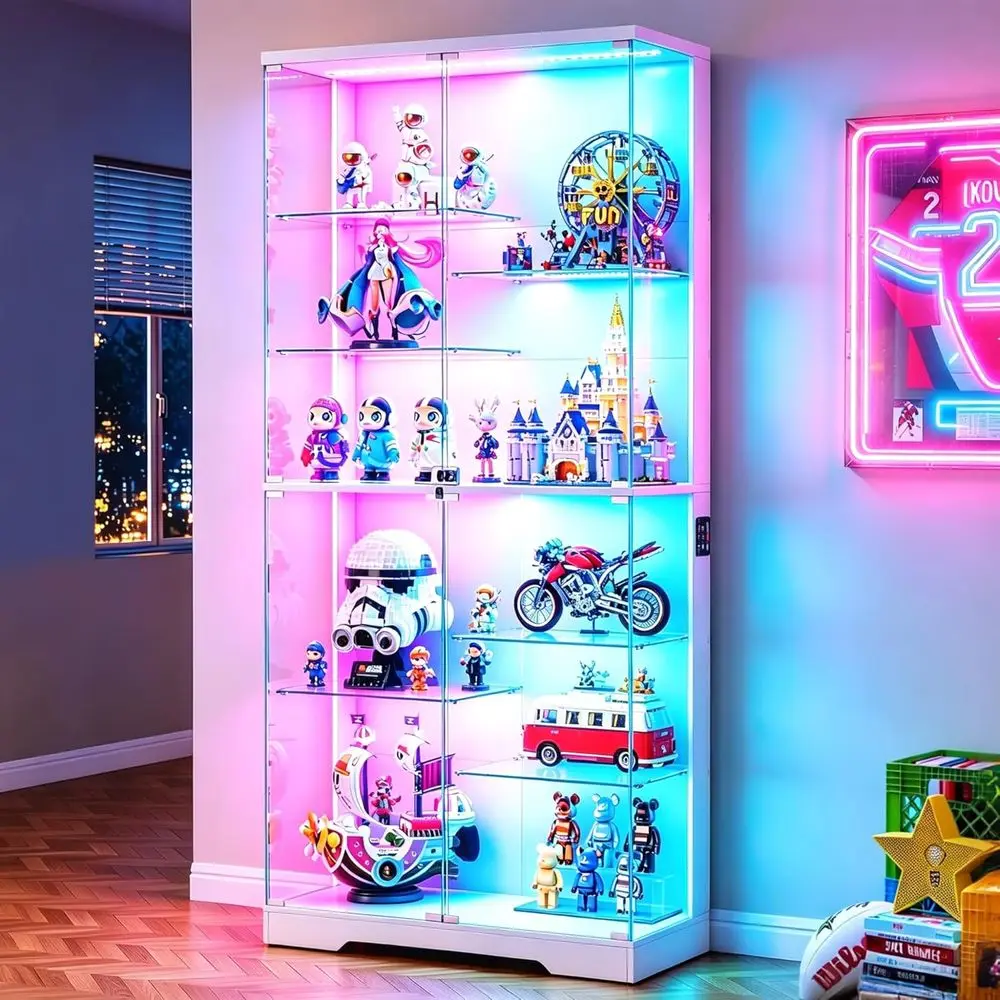71 Tall Glass Display Cabinet with RGB Lights, 10-Tier Curio, Lockable, Sensor-Activated for Collectibles, White