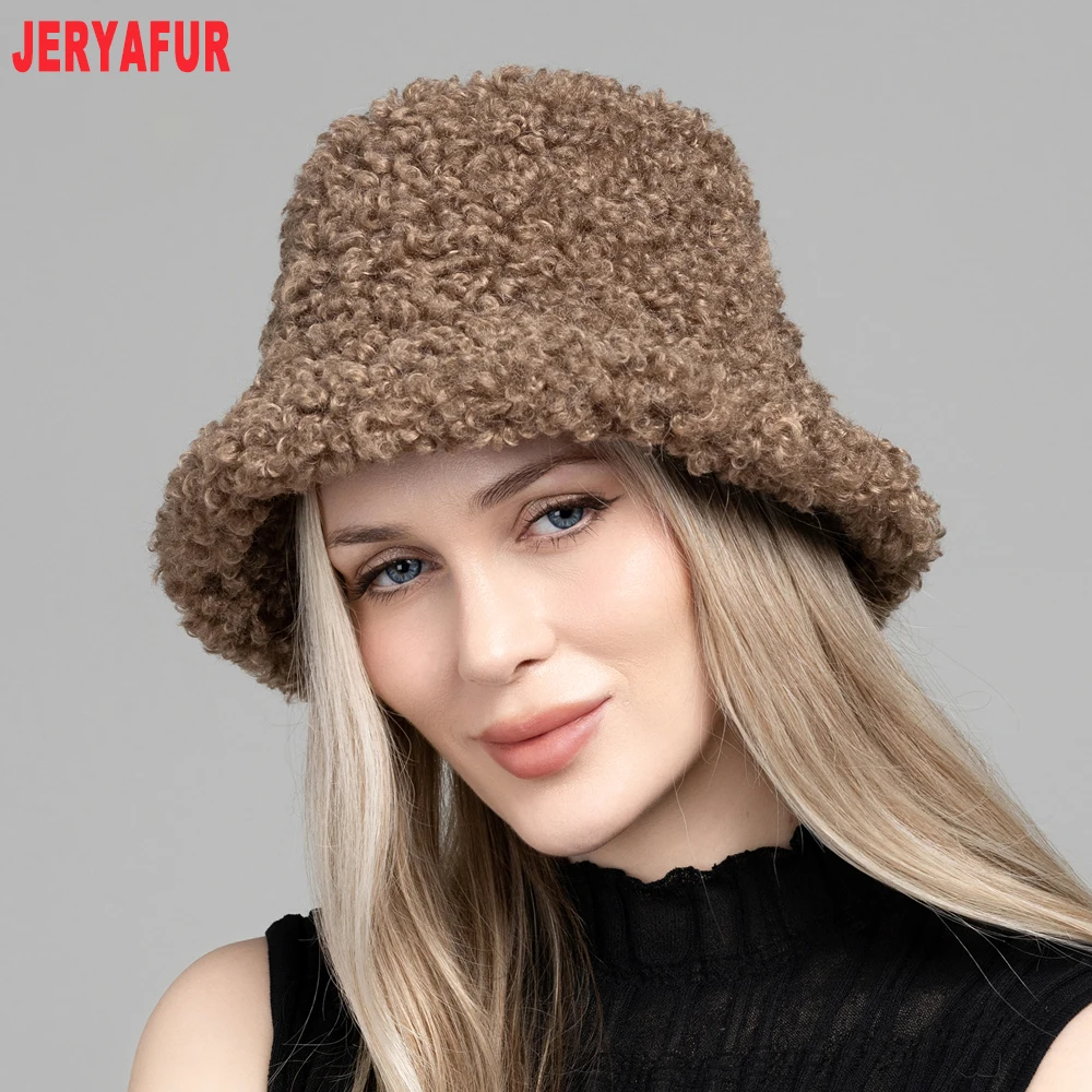 Women Teddy Fleece Bucket Hat, Curly Warm Winter Wide Brim Fisherman Cap 55‑60cm