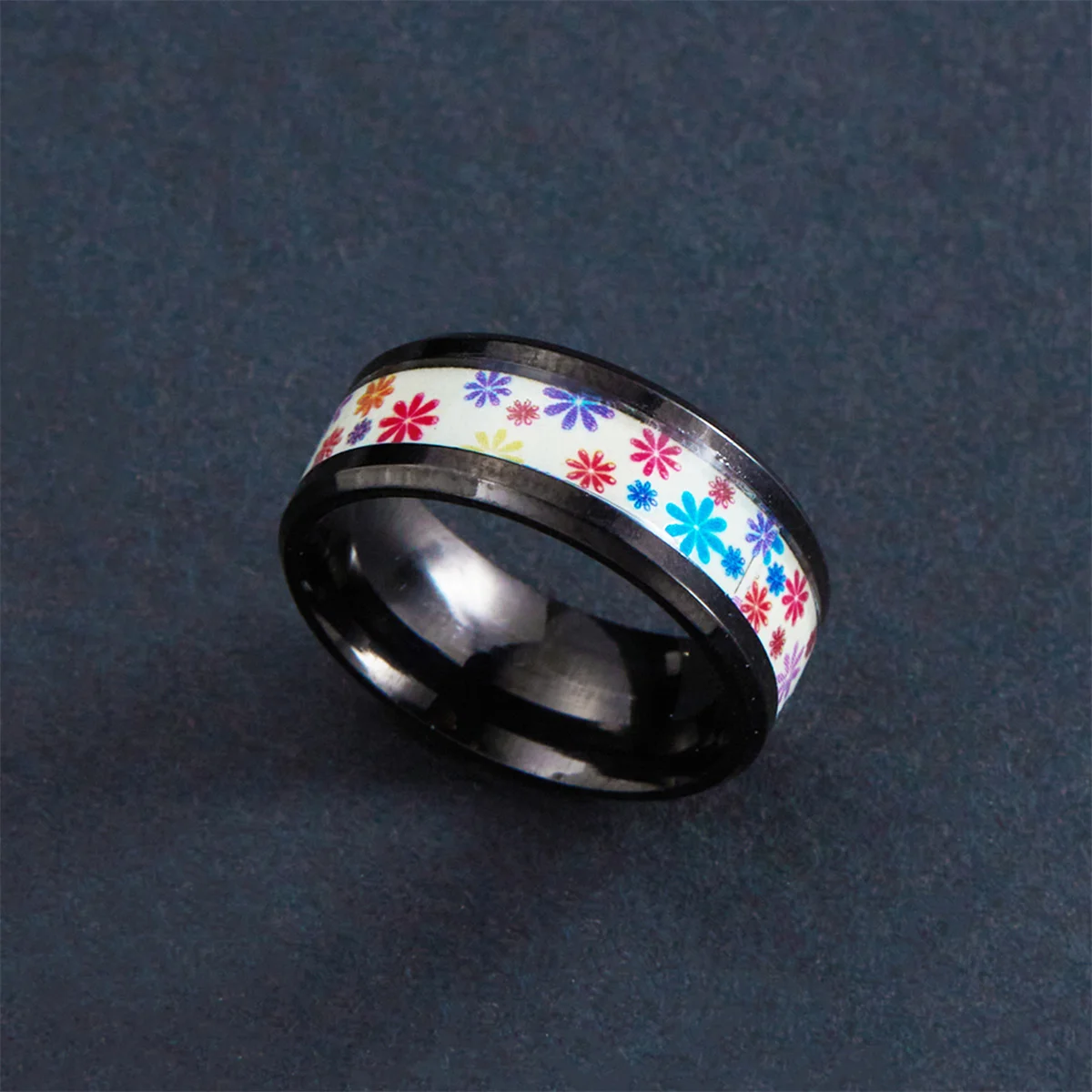 Fashion Stainless Steel Luminous Pattern Rings For Women Men Glow In Dark Flower Star Moon Flower Wave Printing Rings Jewelry